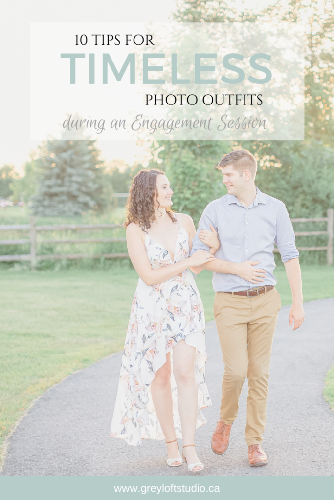 Best Tips for your engagement session photo outfits timless ideas grey loft studio wedding photographer videographer ottawa carp kanata westboro bright and airy couple holding each other walking in the sunset