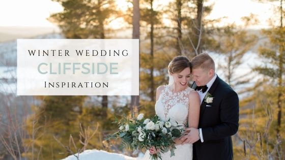 Winter Wedding - Cliffside Inspiration - Wedding in Canada, Le Belvedere Sunset Inspiration. White and Greenery Black Tie Wedding -Modern Wedding with Baby Blue 