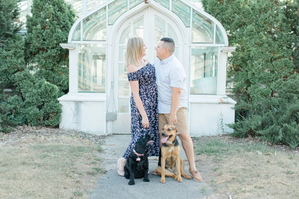 Dogs Posing in Photos - Summer Engagement Session inspiration - Neutrals, Blues, Flowy Dress - Floral Print Navy - Grey Loft Studio - Ottawa Wedding Photographer - Wedding Videographer - Fun, Natural, Bright Photo Video Team. - Photographe - Greyloft - Ottawa Engagement Pictures