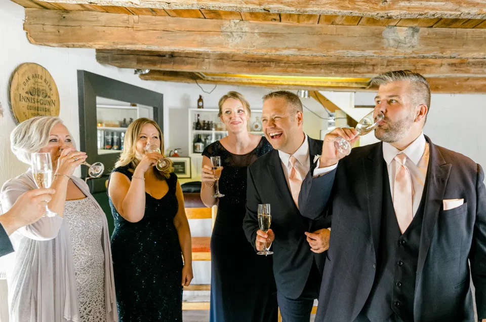 Champagne Toast with Groomsmen & Grooms-women before Ceremony on Wedding Day