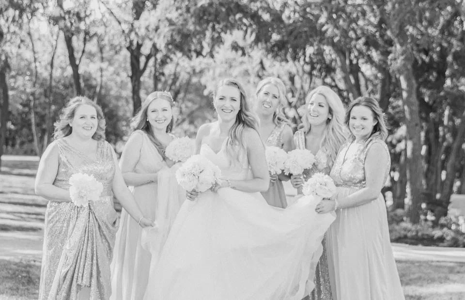 BW - Fun shots with Bridesmaids - Rose Gold Sequinned Dresses -  Stonefields Estate-  Bright and Airy - Natural Wedding Posing - Modern Wedding Blush &. Navy Wardrobe inspiration-  Romantic white with greenery, blush and navy theme. Grey Loft Studio is Stonefields Wedding and Engagement Photographer for Real couples, showcasing photos that are modern, bright, and fun.