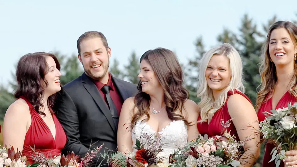 Time for Bridal Party Shots - Laughing all the Way - Evermore Wedding and Events - Blue Sky, Fall Wedding. Grey Loft Studio Photography & Videography Ottawa