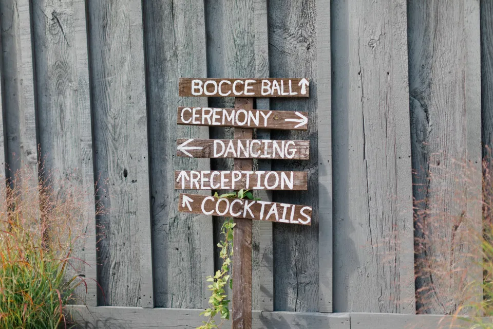 Signs where to Go - Guest entertainment - Outdoor Ceremony With Wooden Modern Brown Wood Chairs. Interlock, beautiful Landscapes at Evermore Weddings and Events, Almonte Ontario - Grey Loft Studio
