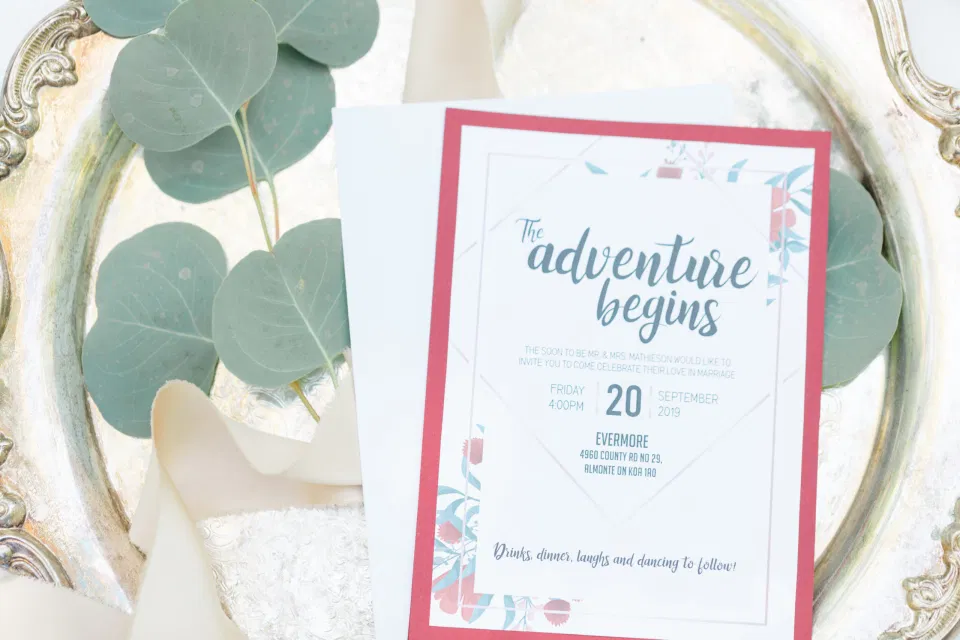 Wedding Invitation DIY - Ruby, Off-White, Silver, Greenery. Eucalyptus Leaves. An inspiration filled with soft neutrals, lush florals, and layers of romantic textures all set at Evermore Weddings and Events, Almonte Ontario. 
Shot with Stephanie Mason Photography & Co + Grey Loft Studio. 