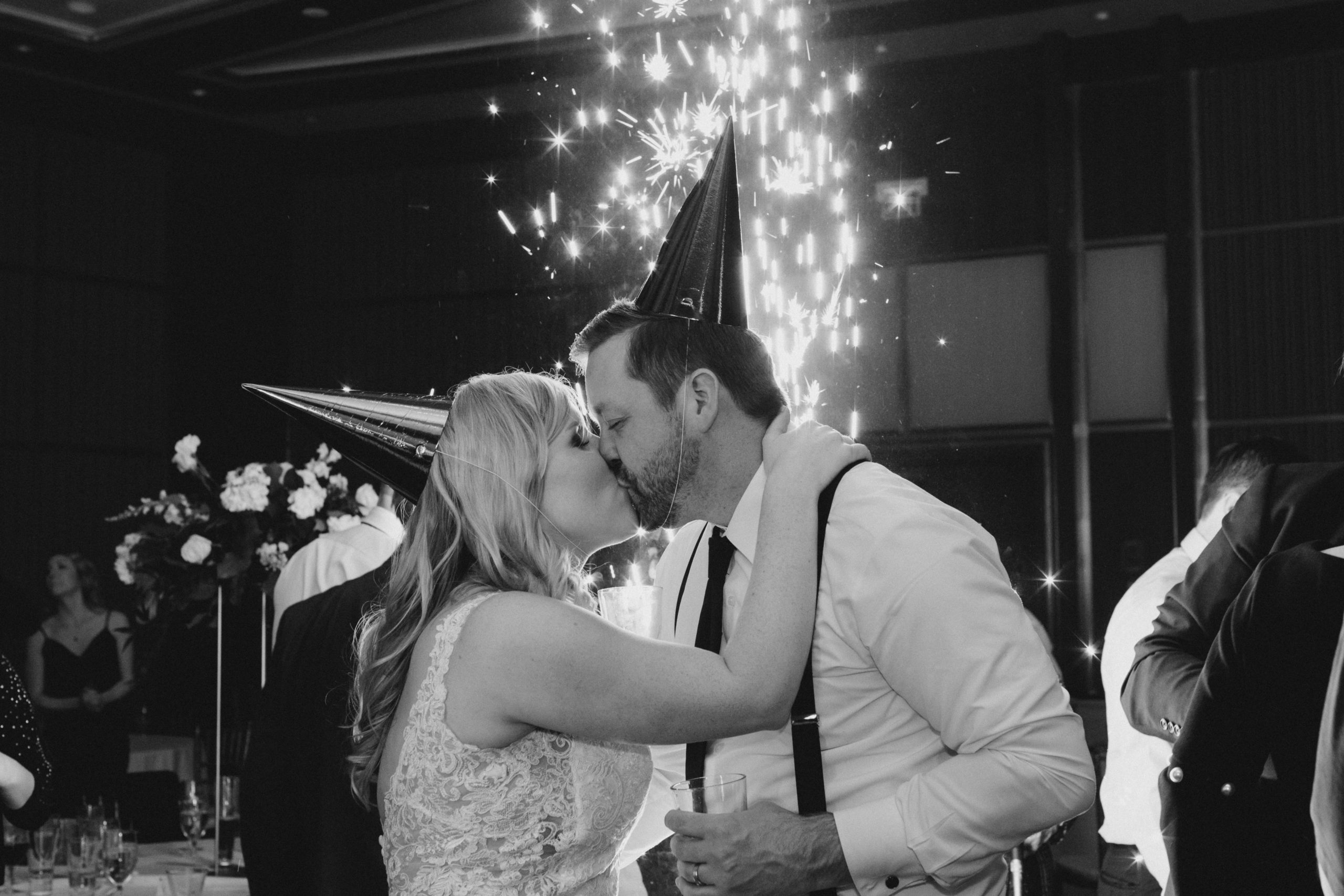 Midnight Kiss - Bride and Groom NYE Wedding at Brookstreet Kanata - Indoor Fireworks - Grey loft studio
