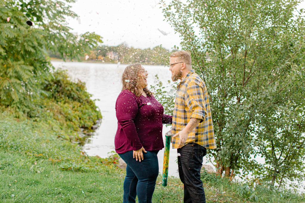 Confetti Kiss during an  Session - Ottawa Wedding Photographer - Grey Loft Studio - Wedding in Ottawa - 
Yellow & Plaid with Burgundy Knit Sweater and Jeans
