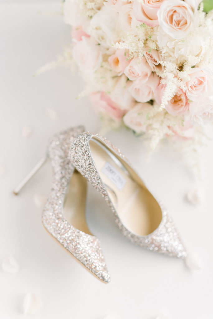 Jimmy Choos - White and Pink Florals - Wedding Details on wedding day. 

