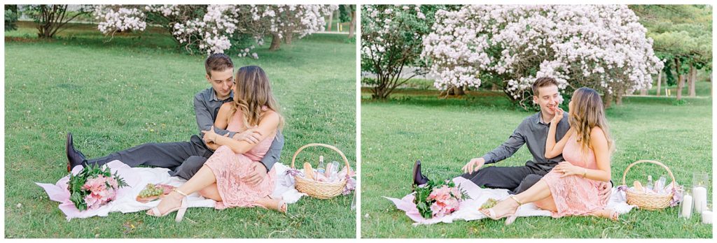 Picnic during Engagement Session at the Arboretum in Ottawa. 
Pink & Grey, taupe heels, florals, and a charcuterie board. Grey Loft Studio Wedding Photographers & Videographers. 