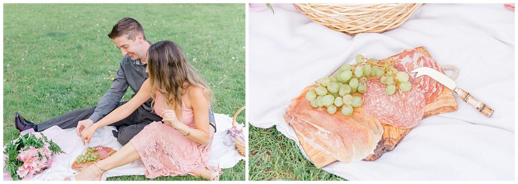Picnic during Engagement Session at the Arboretum in Ottawa. 
Pink & Grey, taupe heels, florals, and a charcuterie board. Grey Loft Studio Wedding Photographers & Videographers. 
