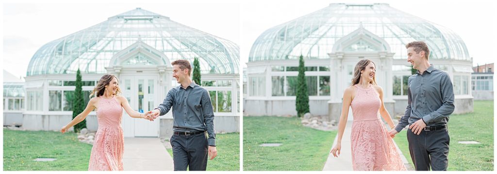 Cute couple having fun! Engagement Photo Poses & ideas - during Engagement Session Ottawa - at the Arboretum in Ottawa. 
Pink & Grey, taupe heels, florals, and a charcuterie board. Grey Loft Studio Wedding Photographers & Videographers. 