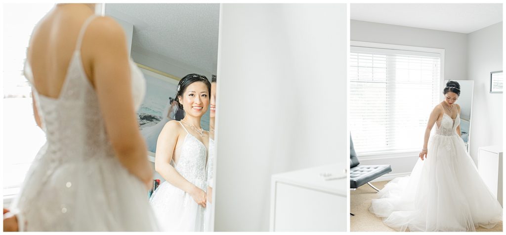 Getting Ready - Bride Looking in Mirror - Lisa & Pat - Grey Loft Studio - Wedding Photo & Video Team - Light and Airy - Ottawa Wedding Photographer & Videographer