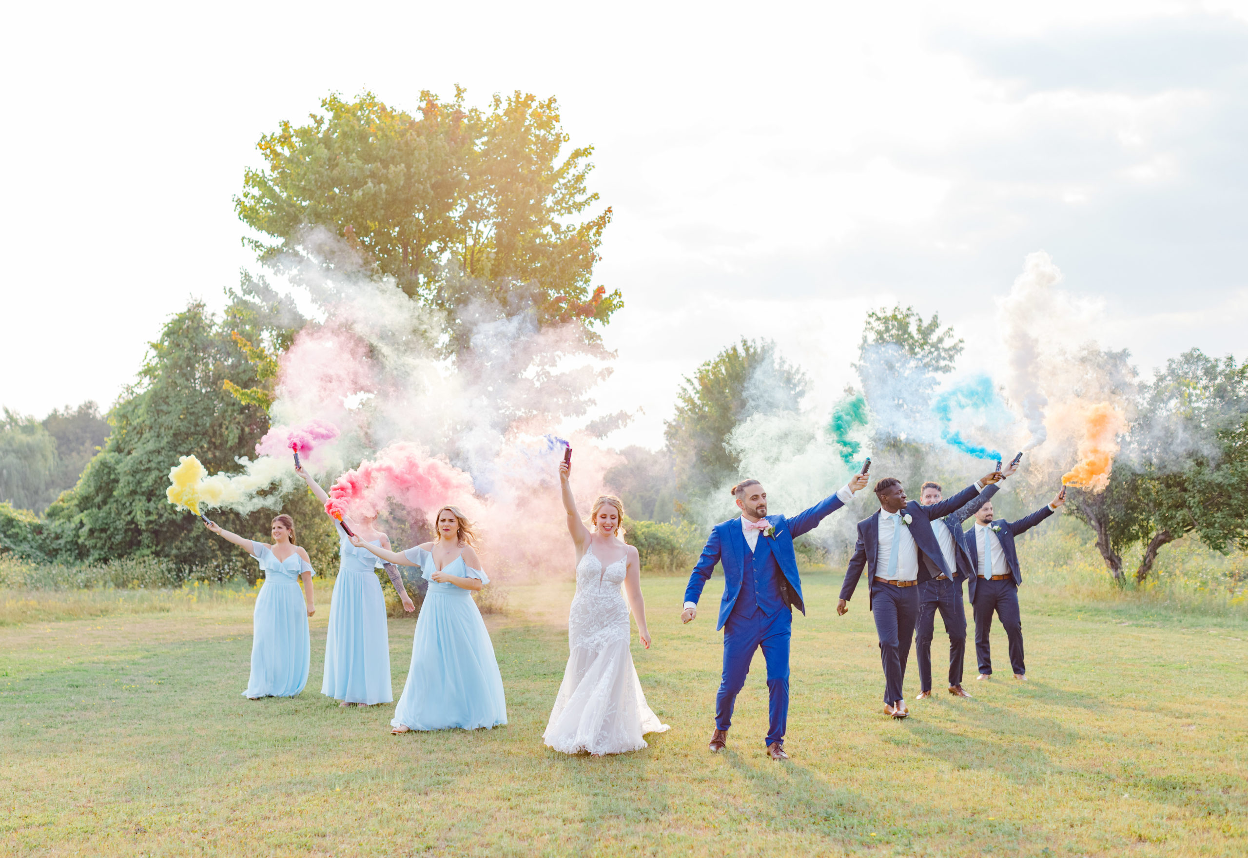 Rainbow Smoke Bombs Orchard View Wedding Party